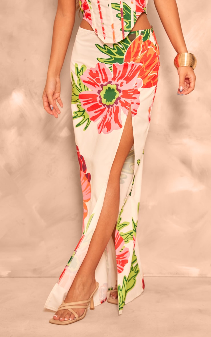 White Floral Printed Thigh High Split Maxi Skirt image 2