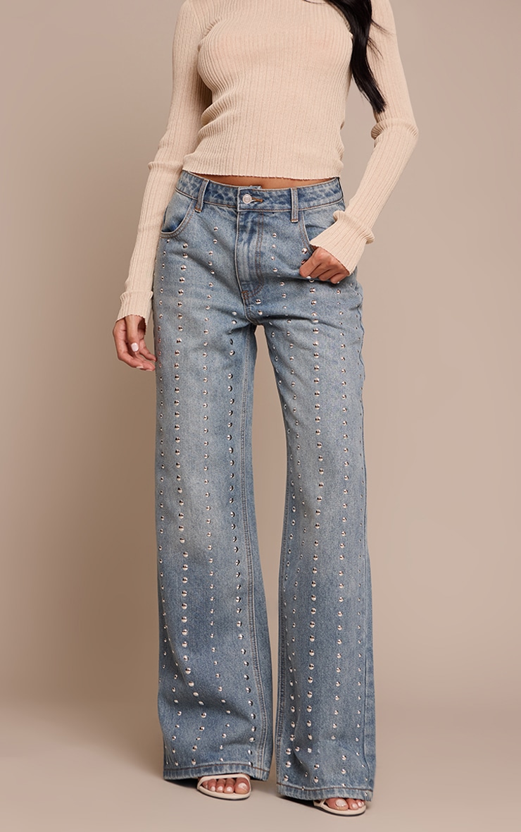 Mid Blue Diamante High Waisted Denim Jeans image 2