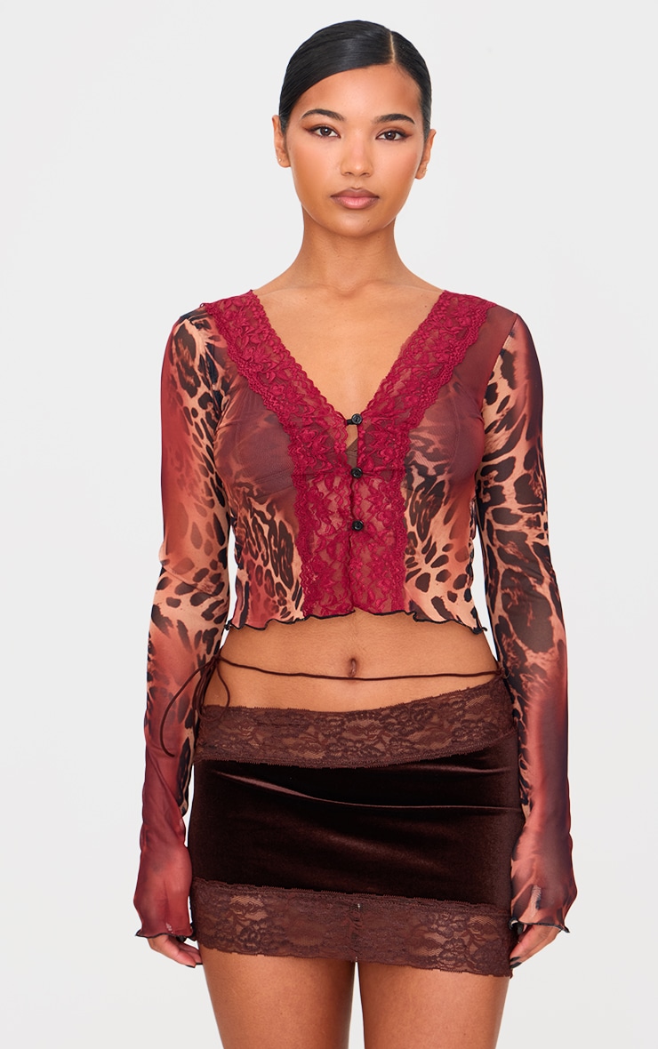 Brown Sheer Leopard Print Lace Button Up Top image 1