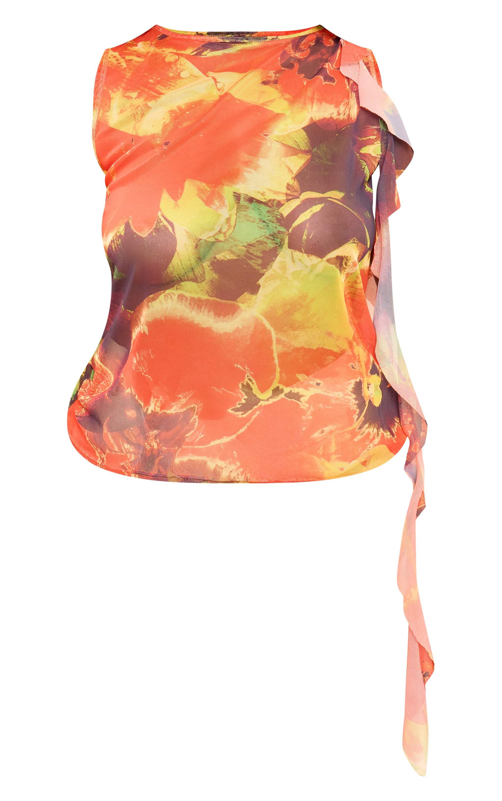 Plus Red Printed Mesh Floral Shoulder Long Top image 5