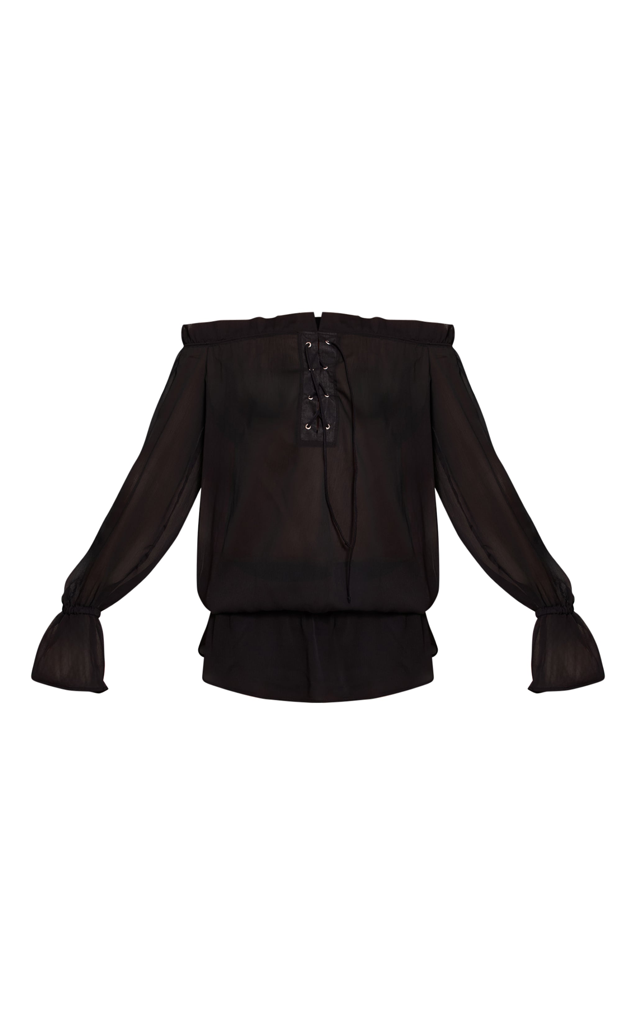 Black Chiffon Lace Up Detail Bardot Long Sleeve Top image 5