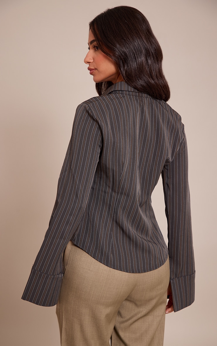 Petite Charcoal Striped Long Sleeve Fitted Shirt image 2