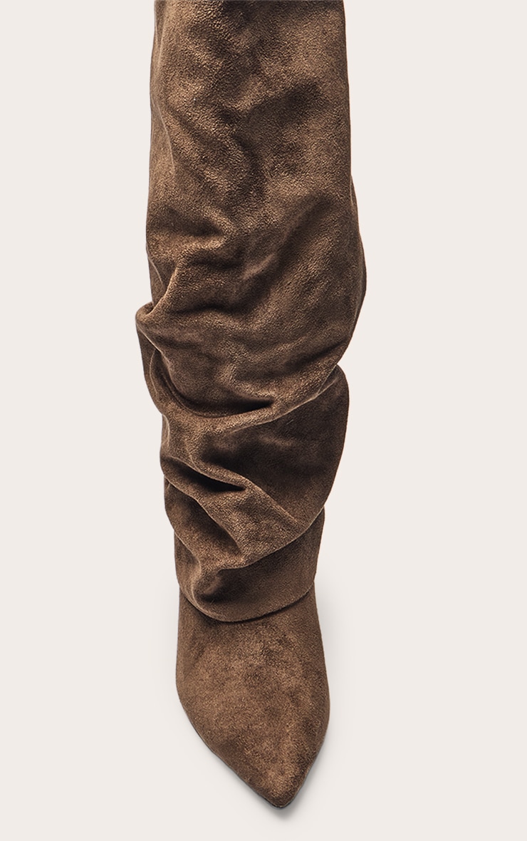 Tan Faux Suede Ruched Fold Over Knee High Boots image 5