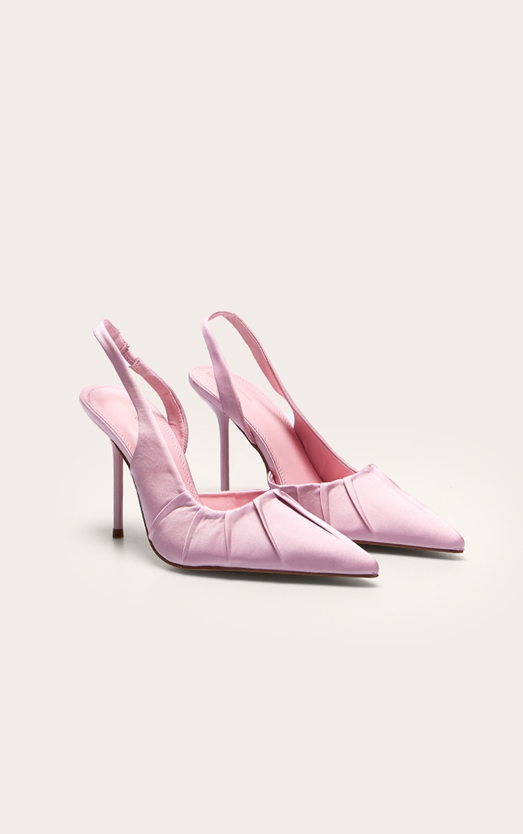 Primrose Pink Satin Point Toe Ruched Sling Back High Stiletto Heeled Courts image 2
