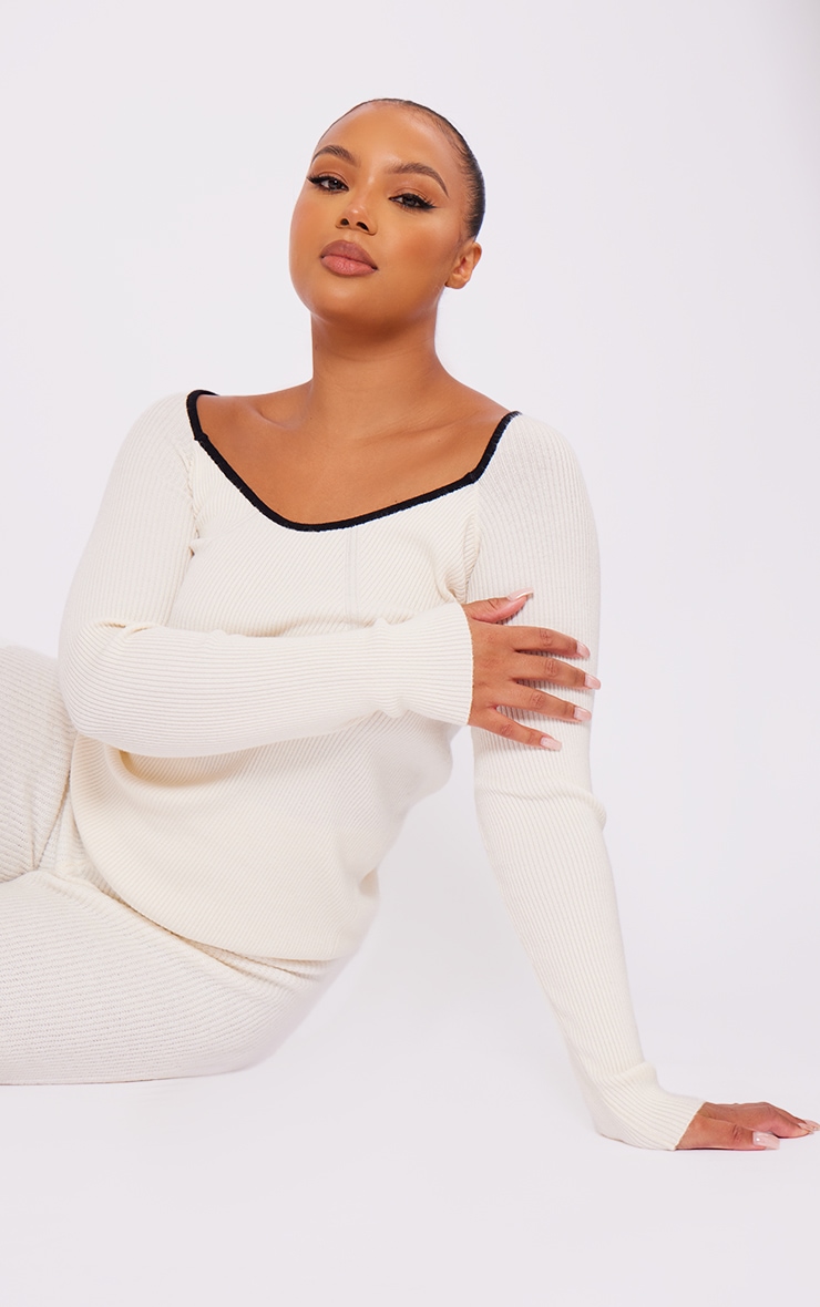 Plus Cream Knitted Ribbed Contrast Long Top image 1