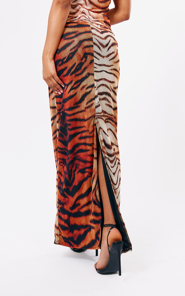 Tiger Printed Lined Mesh Maxi Skirt image 3