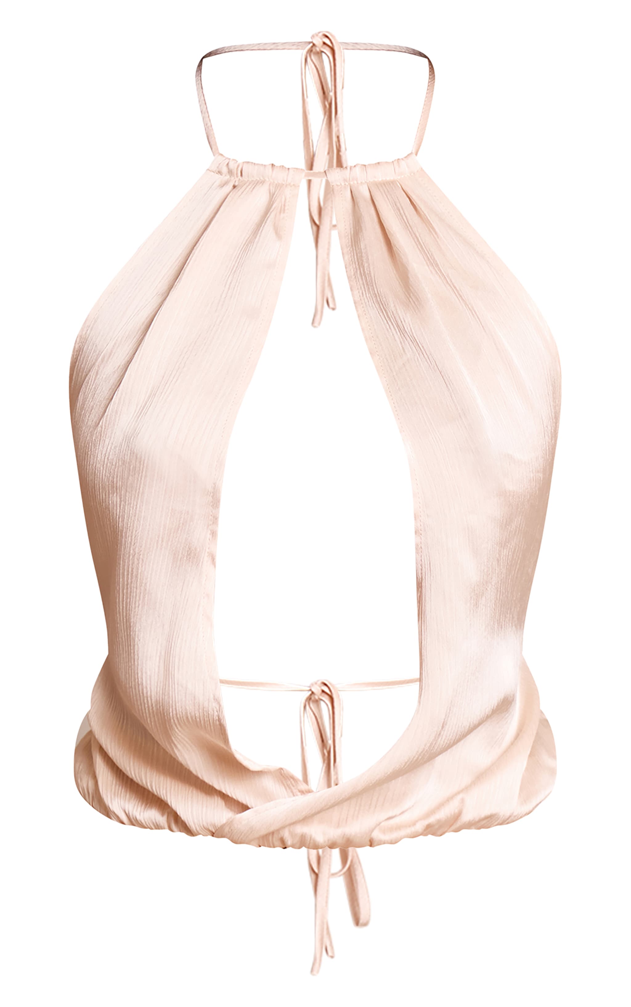 Cream Crinkle Satin High Neck Plunge Cowl Sleeveless Top image 5