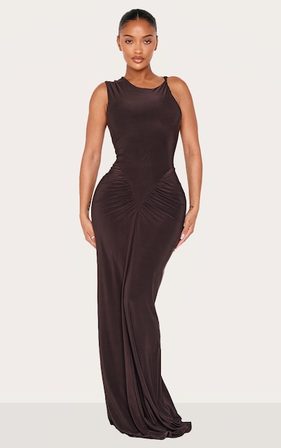 Shape Chocolate Sleeveless Ruched V Waist Maxi Dress