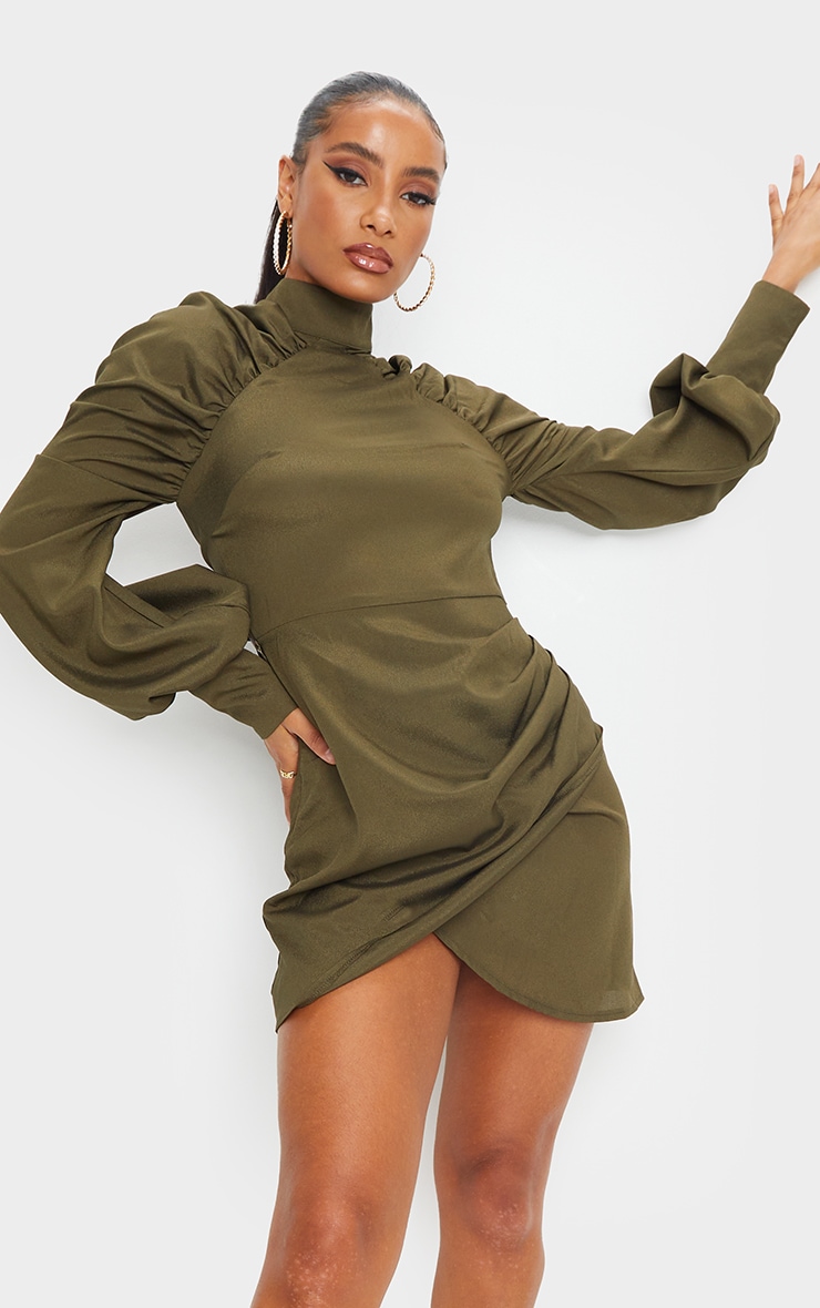 Khaki Long Puff Sleeve High Neck Bodycon Dress | PrettyLittleThing USA