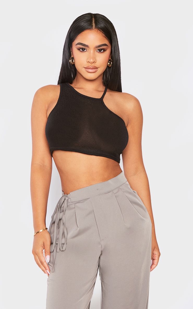 Petite Black Sheer Knit Asymetric Crop Top