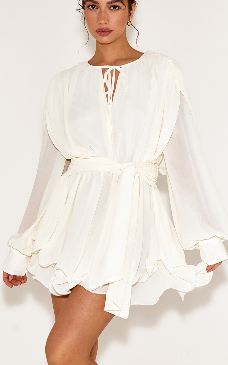 Cream Floaty Tie Detail Long Sleeve Shift Dress image 4