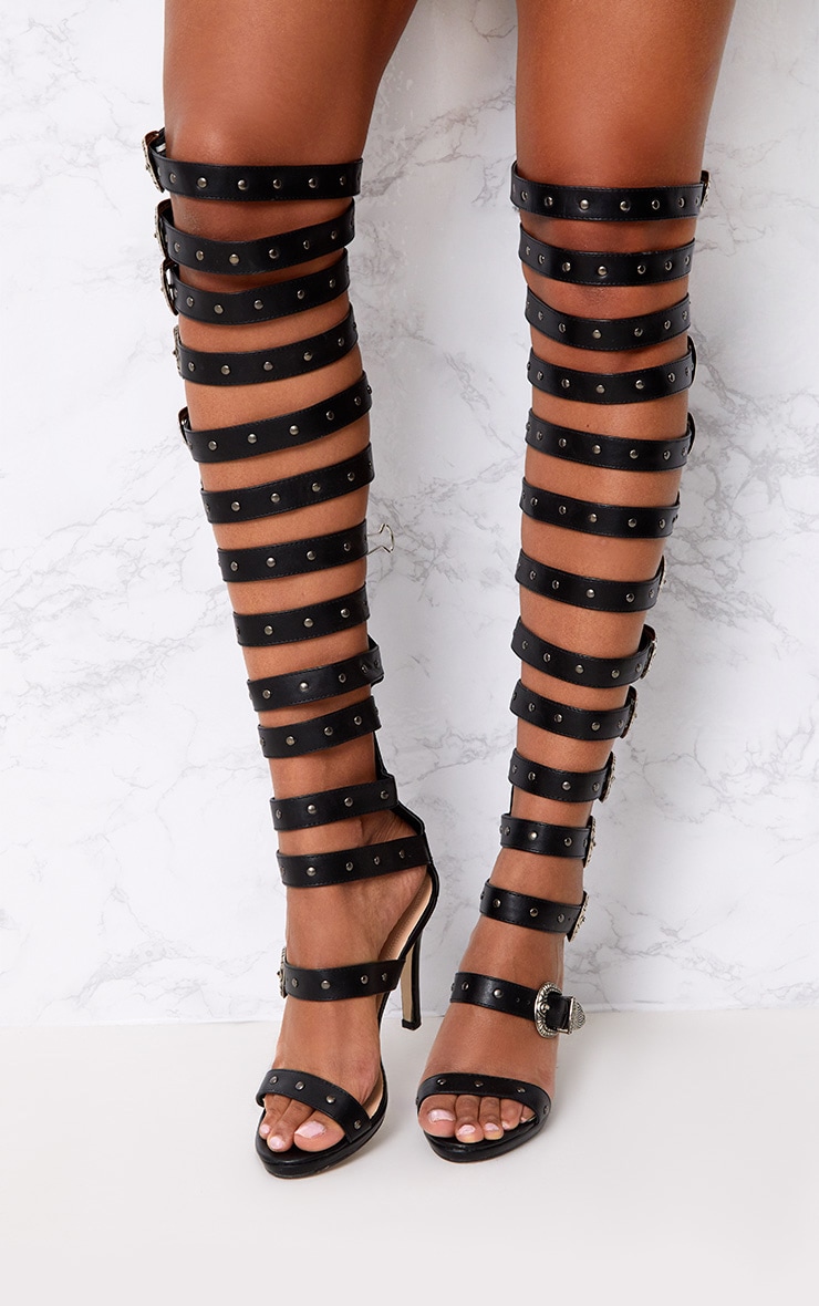 Reese Black Pu Buckle Thigh High Heels PrettyLittleThing USA