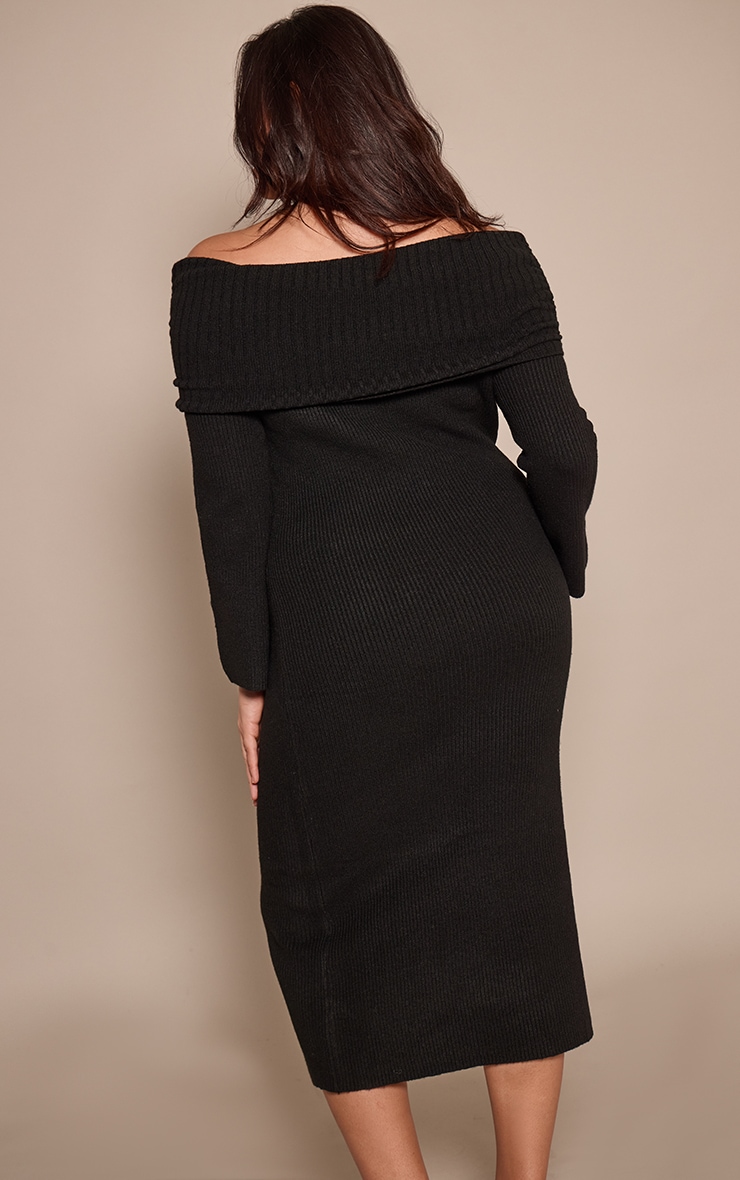 Plus Black Foldover Bardot Knitted Sweater Dress image 2