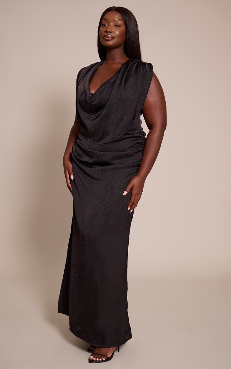 Plus Black Crushed Satin Cowl Neck Maxi Dress image 3