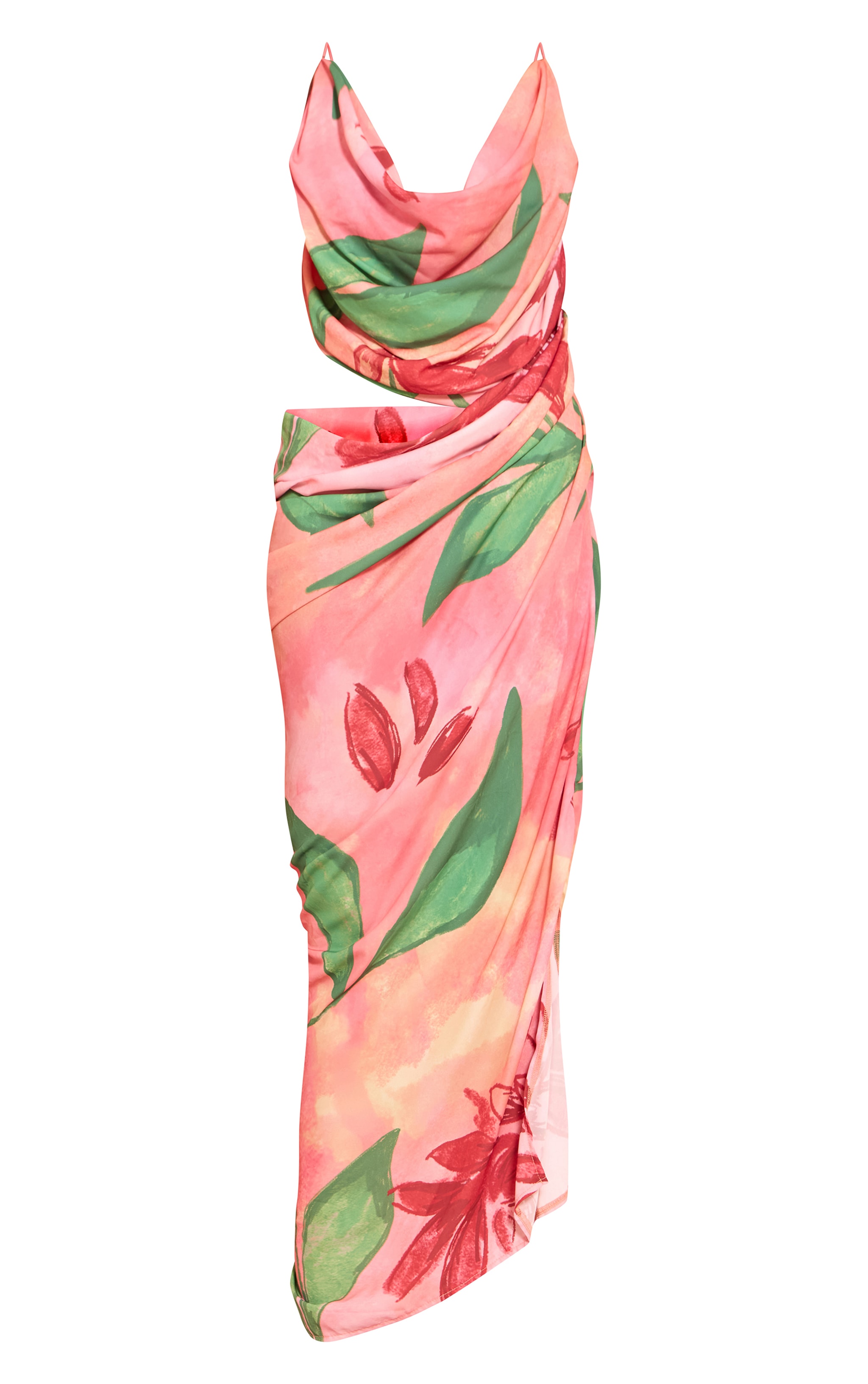 Orange Floral Chiffon Drape Cut Out Midaxi Dress image 5
