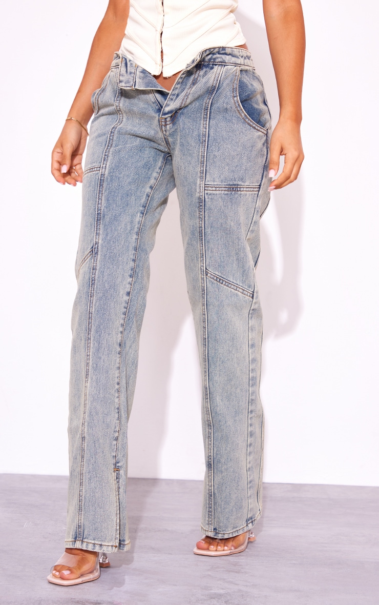 Petite Vintage Wash Seam Detail Foldover Waistband Straight Leg Jeans image 2