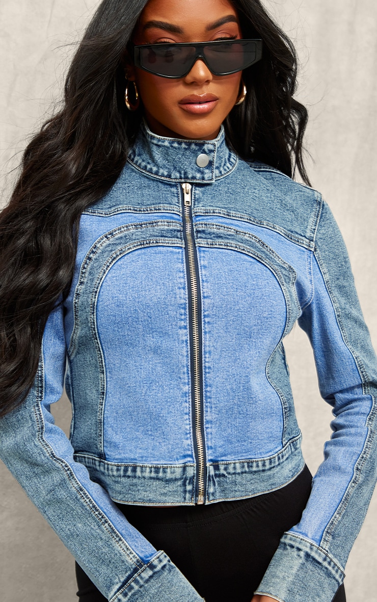 Blue Contrast Panel Racer Denim Jacket image 4