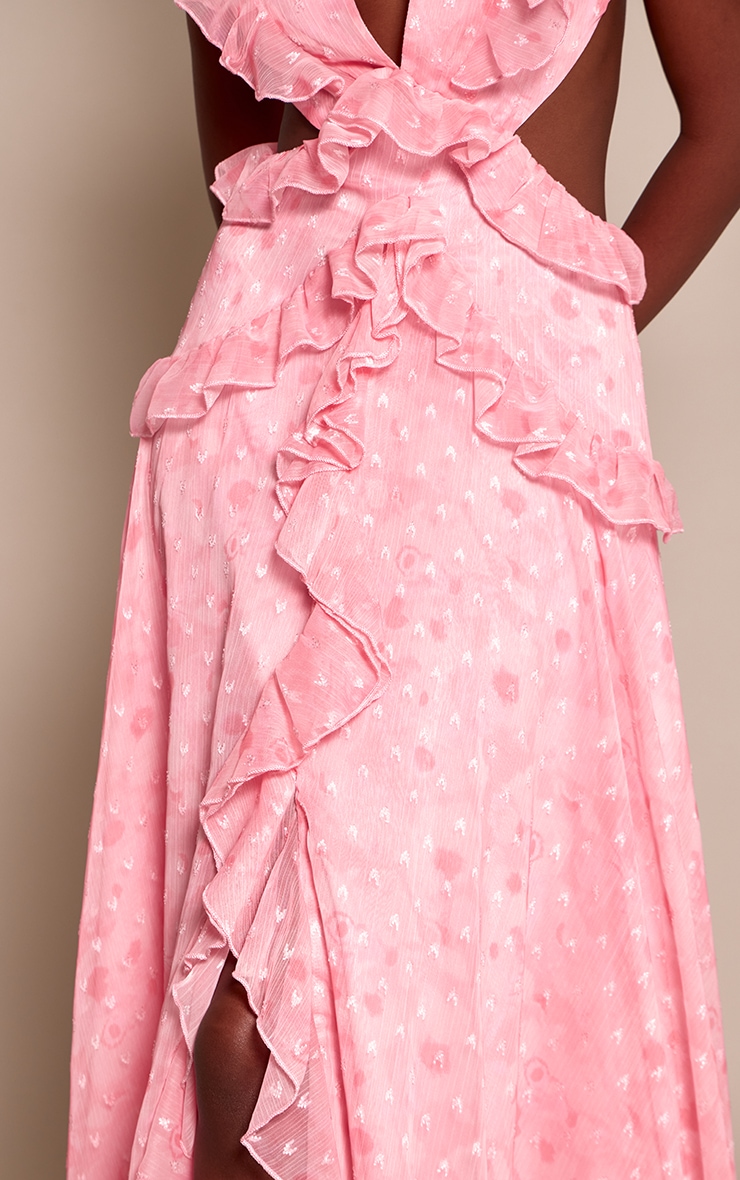 Pink Floral Plunge Frill Maxi Dress image 4