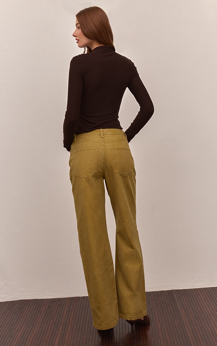 Jean droit olive à taille mi-haute image 3