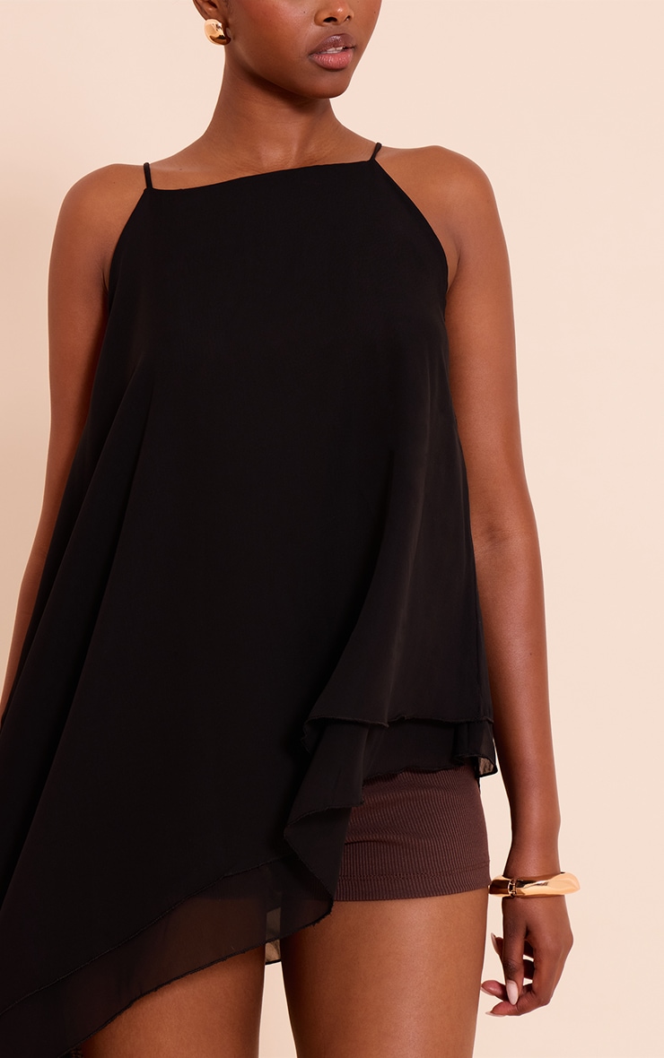 Top long asymétrique en mousseline de soie noire à bretelles fines image 4