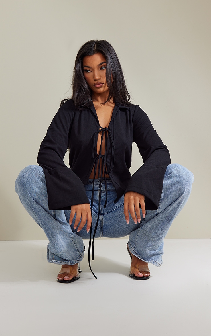 Black Woven Double Tie Front Cuff Shirt | Tops | PrettyLittleThing USA