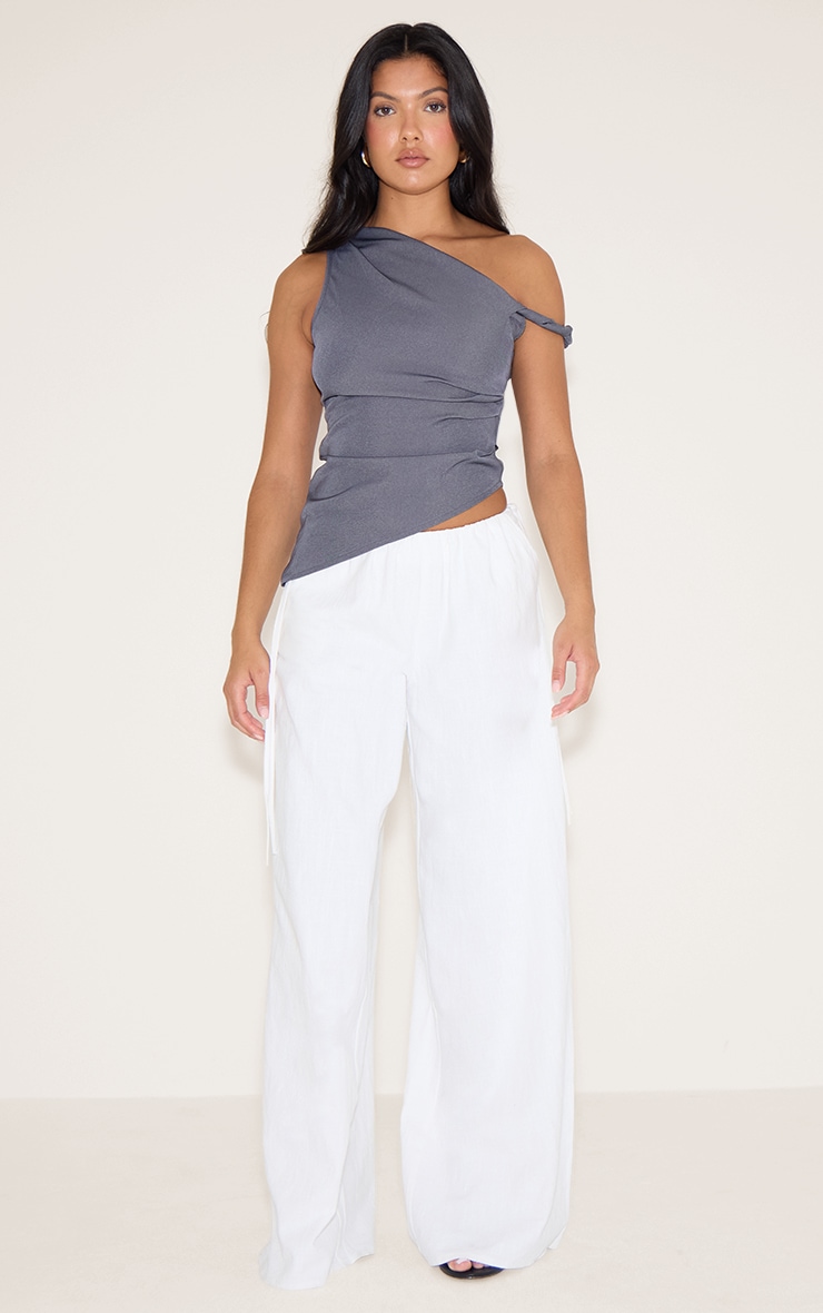 Grey Woven Asymmetric Hem Ruched Long Top image 3