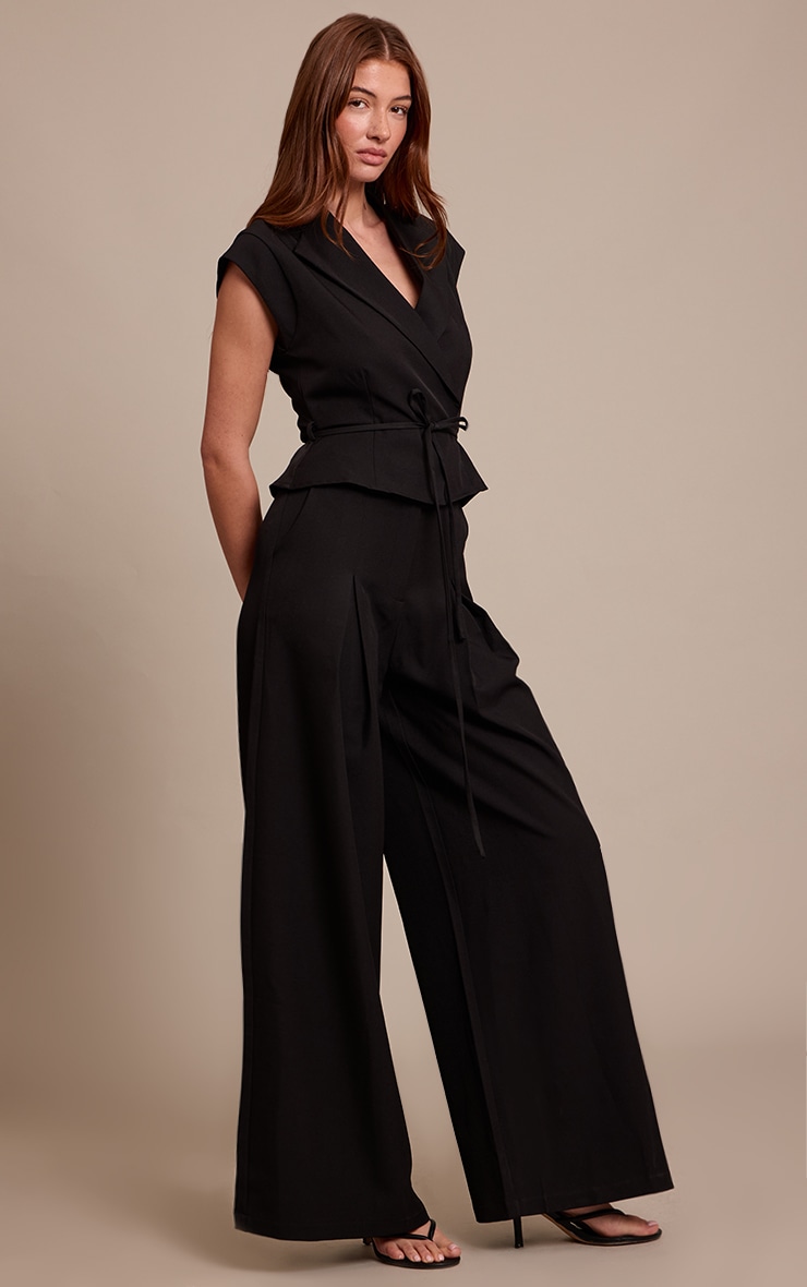 Black Tailored Woven Tie Waist Wide Leg Jumpsuit image 3