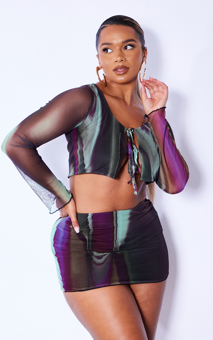 Shape Multi Abstract Print Mesh Lace Up Front Crop Top