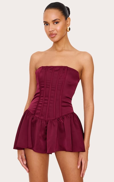 Burgundy Satin Corset Detail Bandeau Playsuit