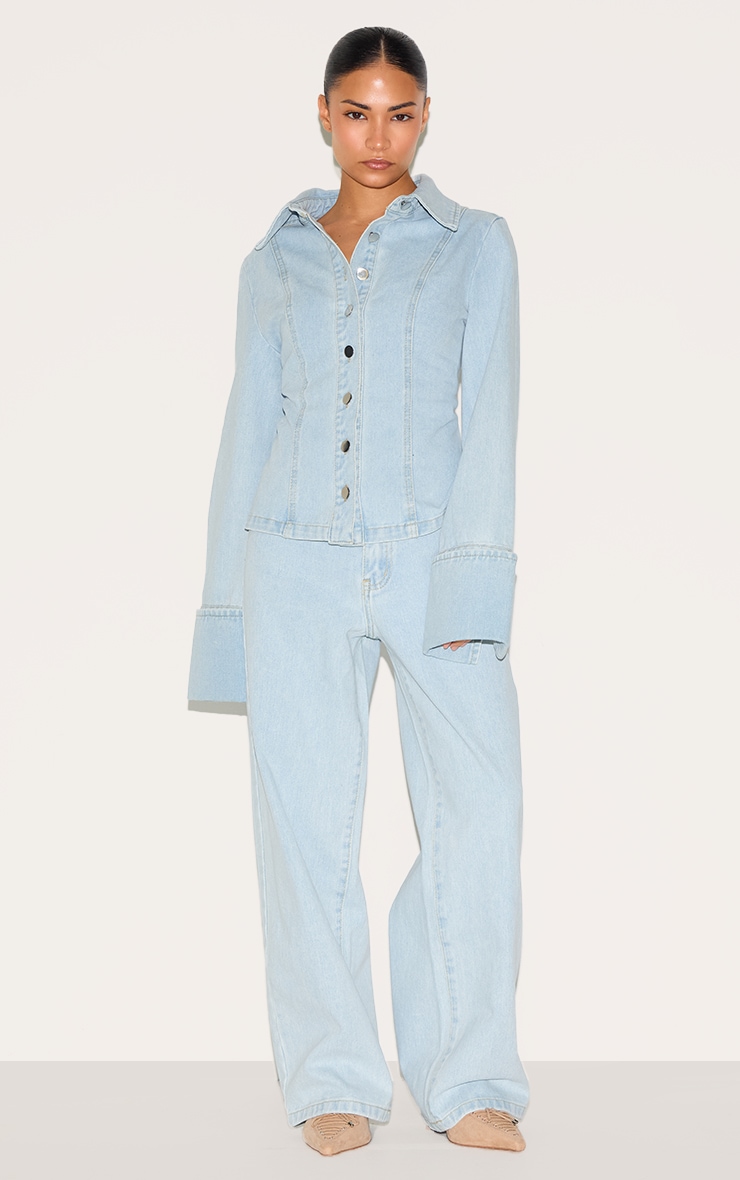 Petite Light Blue Long Sleeve Fitted Denim Shirt image 3