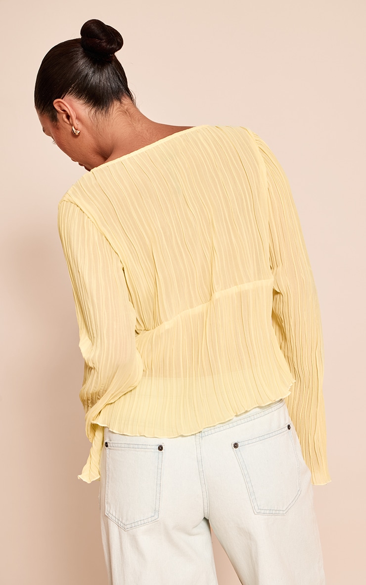 Lemon Sheer Plisse Tie Front Flute Sleeve Blouse image 2