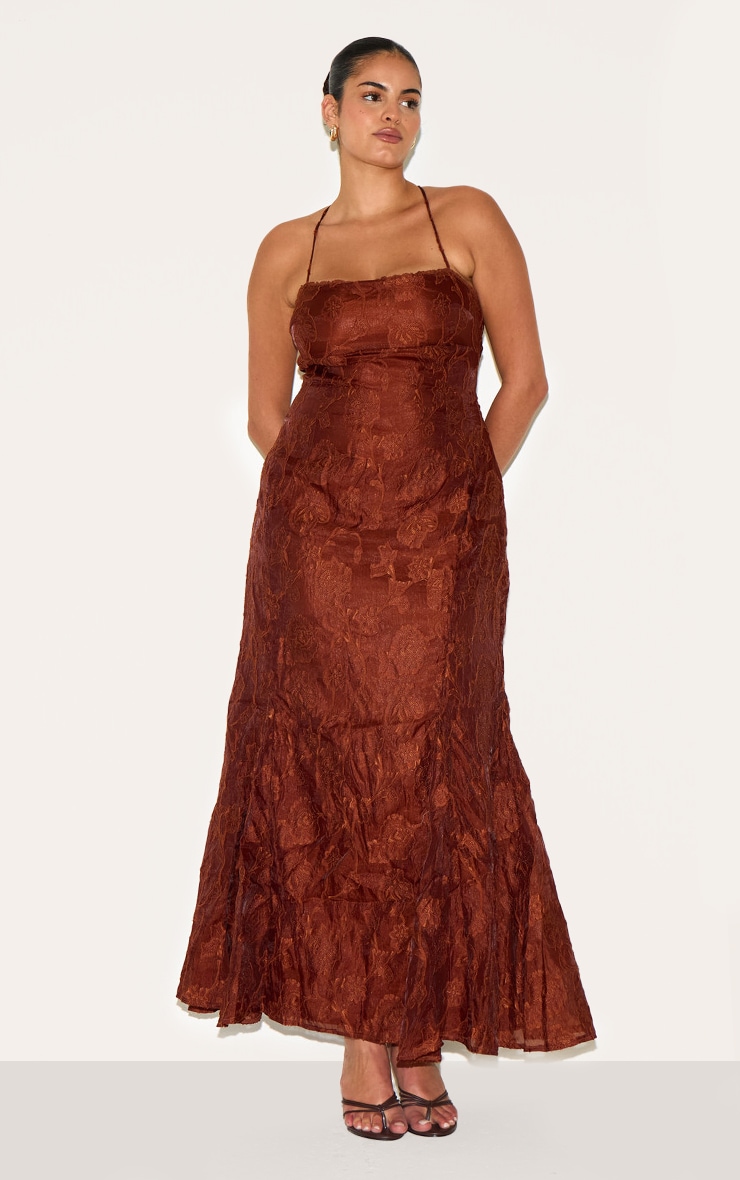 Plus Chestnut Textured Lace Up Back Maxi Dress image 3