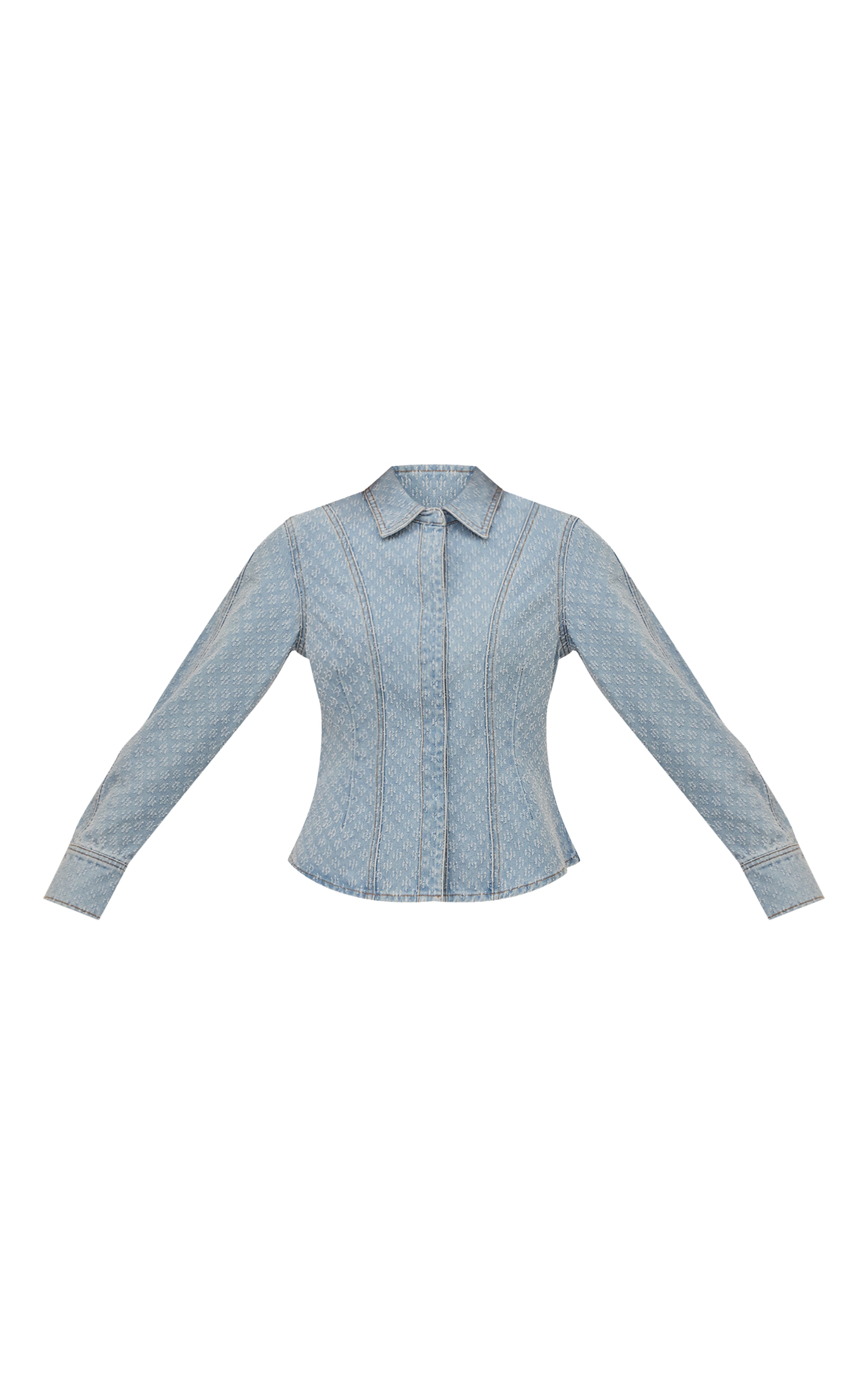 Light Blue Boucle Denim Balloon Sleeve Cinched Denim Shirt image 5