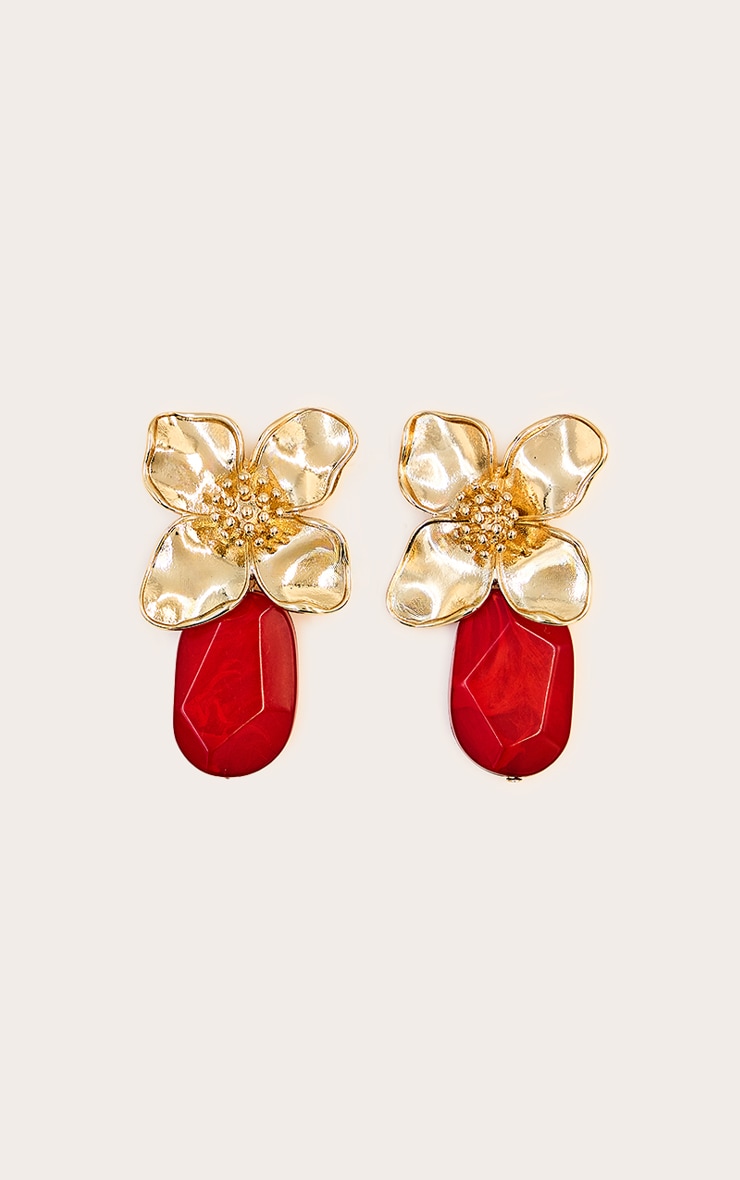Gold Floral Earrings with Red Crystal Detail image 2