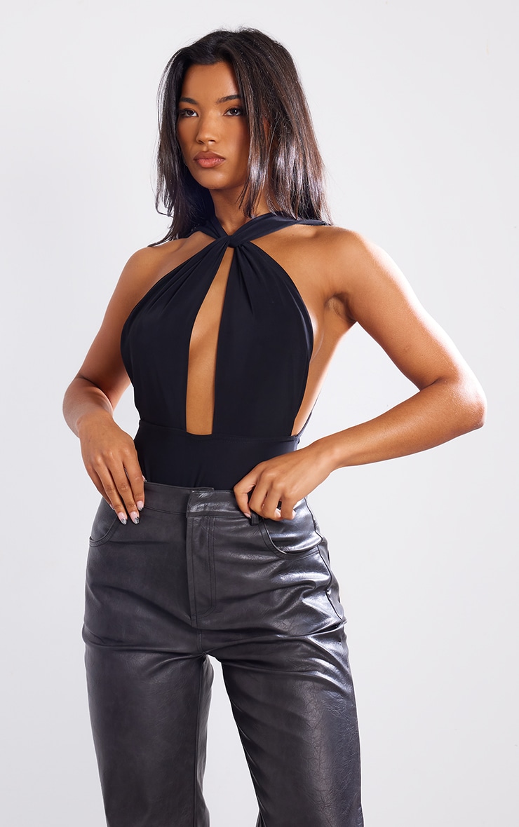 Black Slinky Twist Front Bodysuit image 1