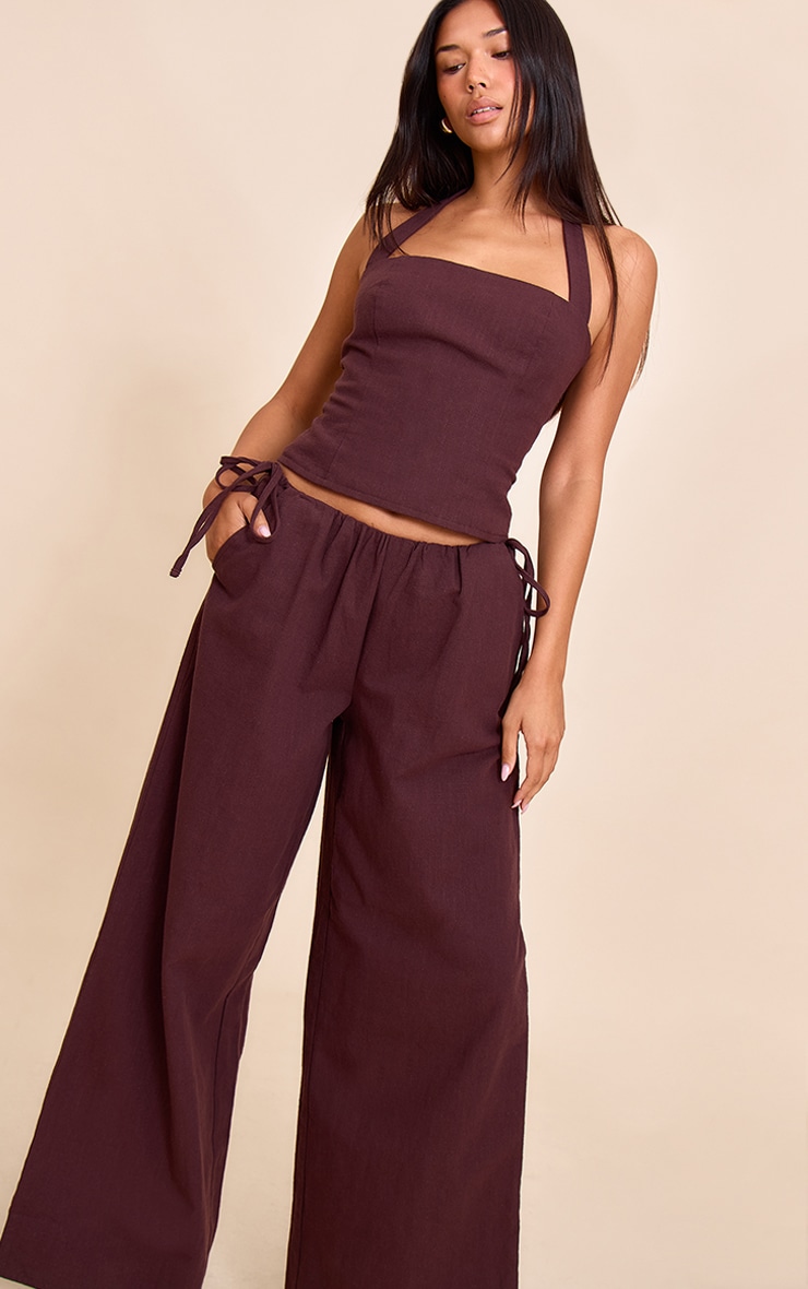Deep Chocolate Premium Linen Side Tie Detail Wide Leg Pants image 4