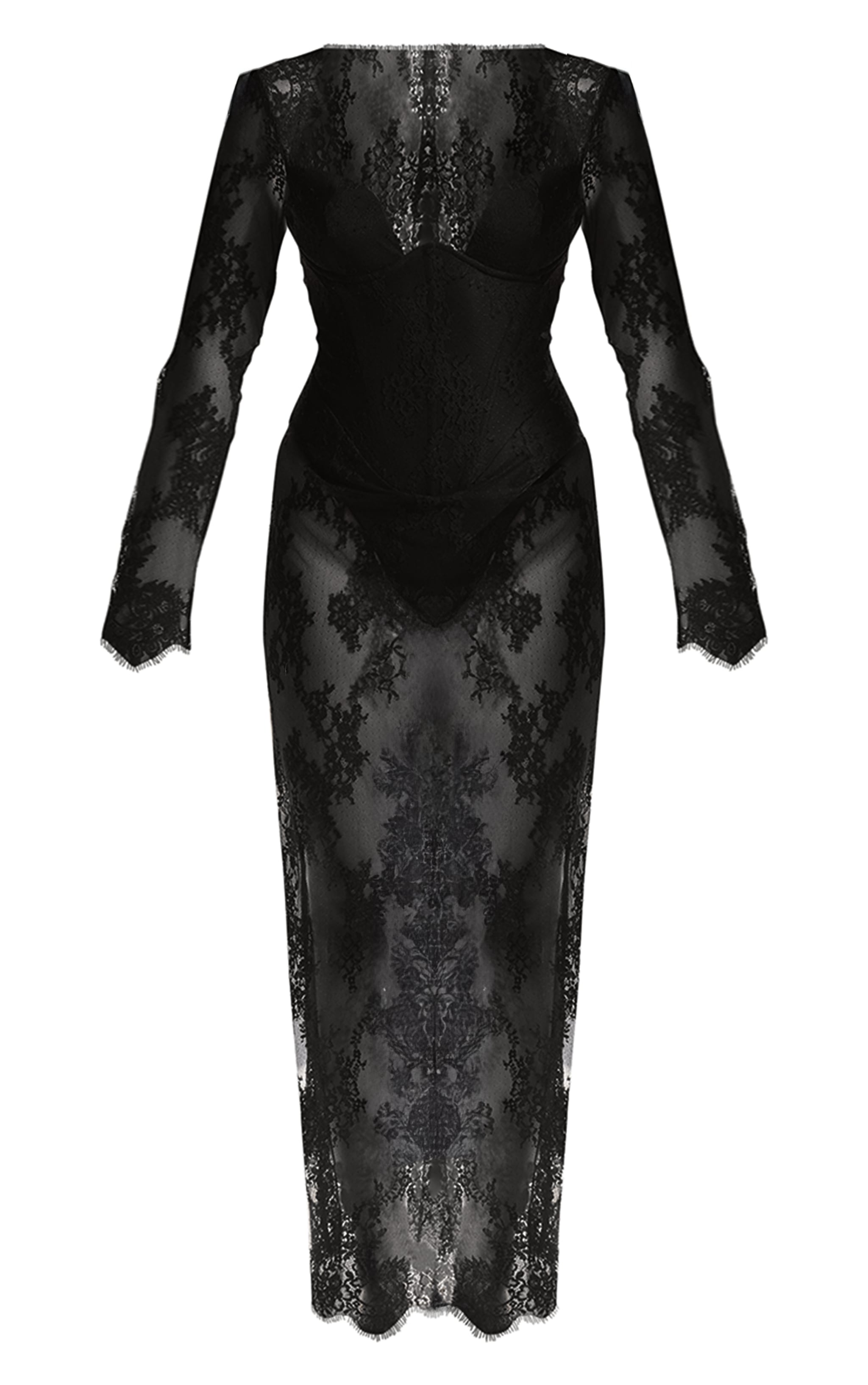 PLT Label Robe longue en dentelle noire à manches longues et détail corset image 7