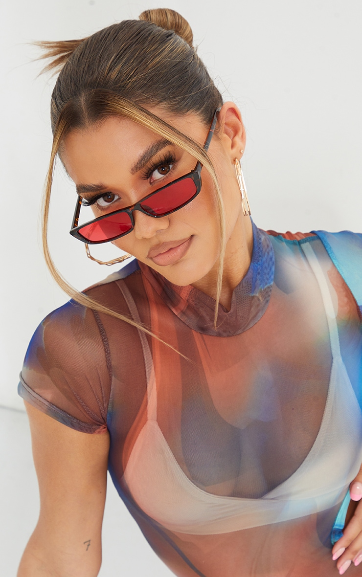 Lunettes de soleil oeil de chat fines carrées effet écaille de tortue, Brun