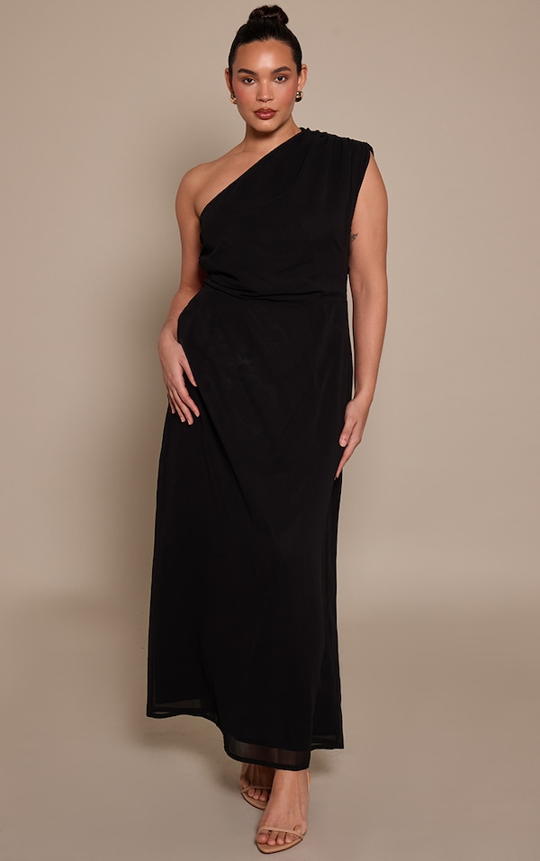 Plus Black Drape One Shoulder Maxi Dress 