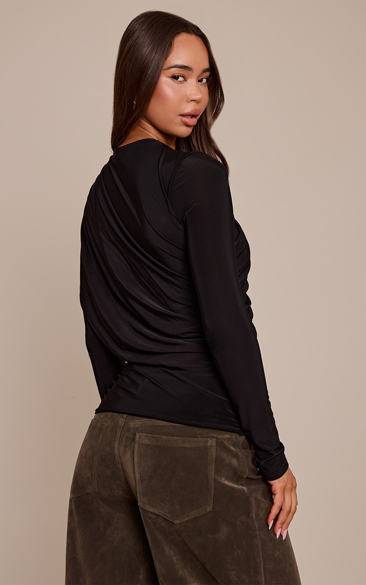 Black Double Layer Slinky Cape Detail Long Sleeve Top  image 2