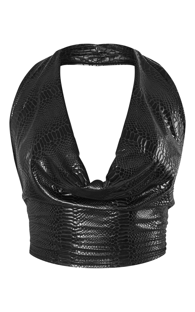 Black Textured Shine Cowl Halter Neck Crop Top image 5