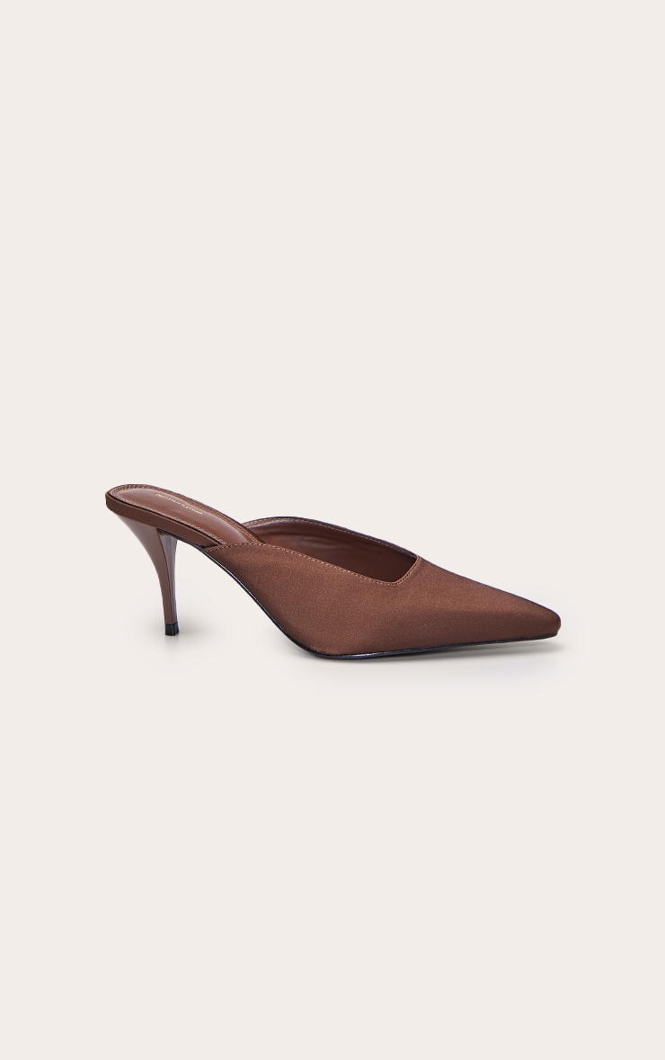 Chocolate Satin Squared Chiseled Toe Court Mules image 2