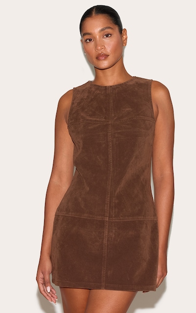 Deep Chocolate Structured Faux Suede Seam Detail Sleeveless Shift Dress