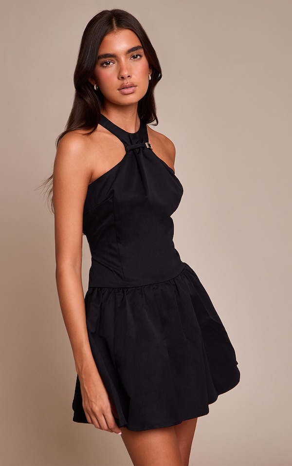 Black Belt Detail Sleeveless Pleated Shift Dress
