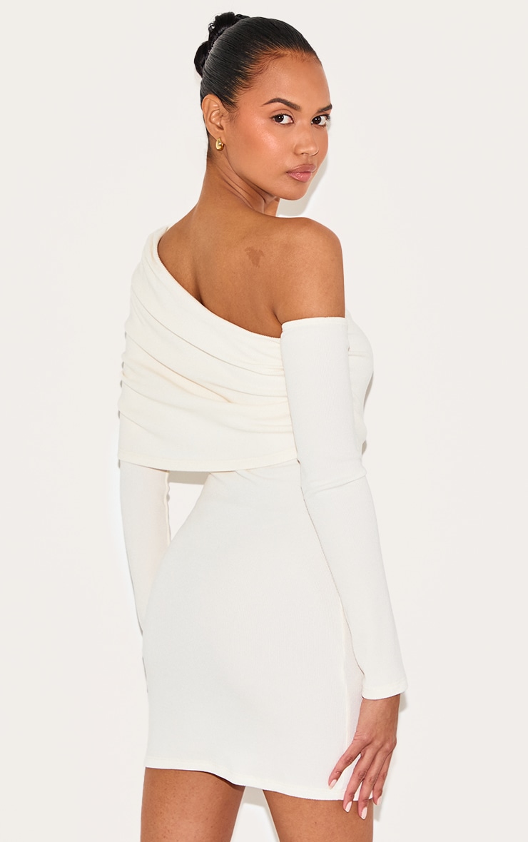 Cream Rib Bardot Long Sleeve Bodycon Dress image 2
