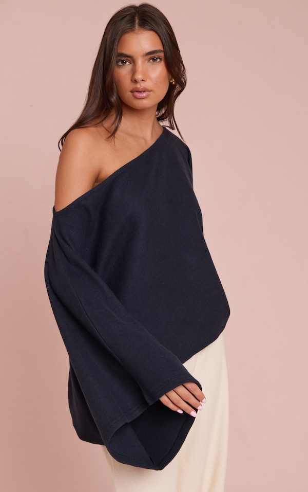 Navy Heavy Brushed Rib Cape Sleeve Top