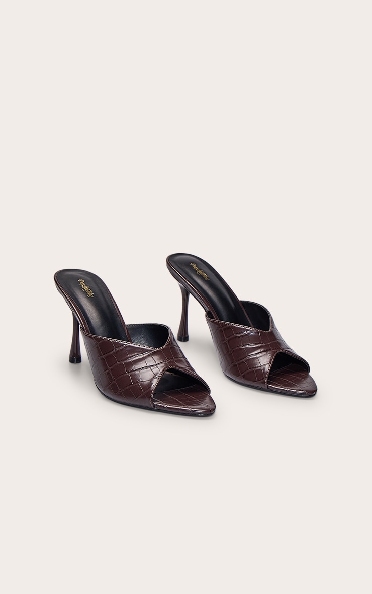 Chocolate Croc PU Heeled Mules image 3