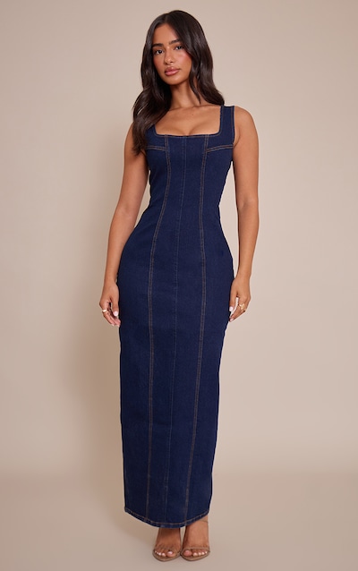 Petite Indigo Bodycon Seam Detail Denim Maxi Dress