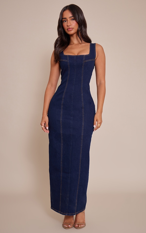 Petite Indigo Bodycon Seam Detail Denim Maxi Dress