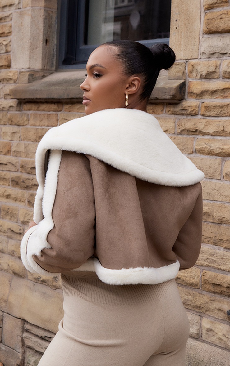 Plus Mocha Faux Suede Crop Faux Fur Lined Aviator image 2